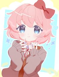 Rule 34 | 1girl, anzen robo (474zz), artist name, blue background, blue eyes, blush, bow, brown sweater vest, cardigan, closed mouth, collared shirt, commentary request, doki doki literature club, grey cardigan, hair between eyes, hair bow, hands up, heart, heart in eye, highres, long sleeves, looking at viewer, neck ribbon, open cardigan, open clothes, pink hair, red bow, red ribbon, ribbon, sayori (doki doki literature club), school uniform, shirt, short hair, sidelocks, simple background, sleeves past wrists, solo, sparkle, sweater vest, symbol in eye, twitter username, upper body, white background, white shirt, wing collar, yellow background