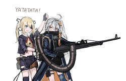 Rule 34 | 2girls, 7.62x54mmr, ahoge, ammunition, ammunition backpack, ammunition chute, arm up, black gloves, blonde hair, blue eyes, blush, carbine cartridge, clenched hand, eyepatch, feet out of frame, full-power cartridge, general-purpose machine gun, girls&#039; frontline, gloves, goggles, gun, hair between eyes, hair ornament, highres, holding, holding gun, holding weapon, jacket, long hair, looking at another, looking to the side, machine gun, medium machine gun, military cartridge, multiple girls, open clothes, open jacket, open mouth, orange eyes, pkp (girls&#039; frontline), pkp pecheneg, rampart1028, rifle cartridge, shorts, side ponytail, silver hair, simple background, single thighhigh, skorpion (girls&#039; frontline), smile, thighhighs, twintails, weapon, white background