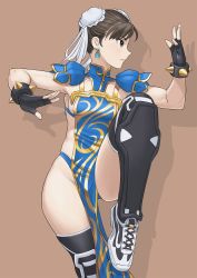 Rule 34 | 1girl, bracelet, breasts, brown eyes, brown hair, bun cover, capcom, chun-li, closed mouth, double bun, dress, earrings, fighting stance, fingerless gloves, frown, gloves, hair bun, highres, japanese clothes, jewelry, knee up, looking to the side, medium breasts, ninja, official alternate costume, pelvic curtain, revealing clothes, shigenobu, shoes, shoulder pads, sideboob, sneakers, solo, spiked bracelet, spikes, street fighter, thighhighs, thighs