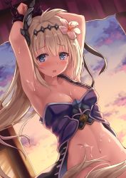 Rule 34 | 10s, 1girl, ahoge, armor, armpits, arms up, bare shoulders, bdsm, blonde hair, blue eyes, blush, bondage, bound, breasts, cleavage, cloud, cuffs, cum, cum on body, cum on breasts, cum on stomach, cum on upper body, dutch angle, eyebrows, flower, granblue fantasy, hair flower, hair ornament, hairband, jeanne d&#039;arc (granblue fantasy), long hair, looking at viewer, md5 mismatch, medium breasts, navel, restrained, saliva, shackled, shackles, sky, solo, stomach, suzuame yatsumi, white flower