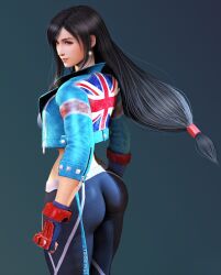 Rule 34 | 1girl, alternate costume, artist name, ass, black hair, blue jacket, breasts, cammy white, cammy white (cosplay), capcom, closed mouth, cosplay, cowboy shot, cropped jacket, earrings, final fantasy, final fantasy vii, final fantasy vii remake, fingerless gloves, from behind, from side, gloves, highres, jacket, jewelry, large breasts, lips, long hair, looking to the side, low-tied long hair, midriff, pants, print jacket, raidenwgt, red eyes, simple background, single earring, single sidelock, smile, solo, spandex, sports bra, square enix, street fighter, street fighter 6, swept bangs, teardrop earring, tifa lockhart, tight clothes, tight pants