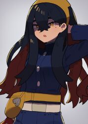 Rule 34 | 1girl, arm up, belt, black hair, blue jacket, buttons, carmine (pokemon), colored inner hair, creatures (company), crossed bangs, d:, eyelashes, fanny pack, game freak, gloves, gradient background, hair between eyes, hairband, highres, jacket, long hair, long sleeves, mole, mole under eye, multicolored hair, nintendo, open mouth, partially fingerless gloves, pokemon, pokemon sv, red gloves, red hair, saganagaraga, single glove, solo, tsurime, turtleneck, two-tone hair, white belt, yellow eyes, yellow hairband