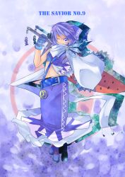 Rule 34 | 1girl, alternate costume, blue eyes, bow, cirno, gloves, hair bow, highres, midriff, mito (calcomer), one eye closed, perfect cherry blossom, popsicle, scarf, solo, sword, touhou, watermelon bar, weapon, wink