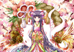Rule 34 | 1girl, bad id, bad pixiv id, bell, blush, branch, cherry blossoms, flower, hair ornament, japanese clothes, jewelry, kimono, original, purple eyes, purple hair, red eyes, rope, shimenawa, smile, snake, traditional clothes, wataame27