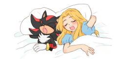 Rule 34 | 1boy, 1girl, blonde hair, commentary request, gloves, long hair, maria robotnik, open mouth, shadow the hedgehog, sleeping, sonic (series), sonic adventure 2, under covers, white gloves, yotsumeddd