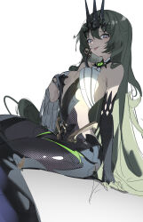 Rule 34 | 1girl, :p, absurdres, bare shoulders, black dress, black gloves, breasts, crown, dress, earrings, gloves, green eyes, green hair, highres, honkai (series), honkai impact 3rd, jewelry, long hair, looking at viewer, medium breasts, mobius (honkai impact), qtian, simple background, single earring, sketch, smile, solo, tongue, tongue out, white background