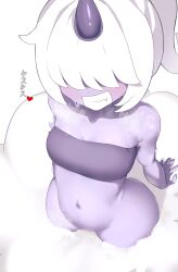 Rule 34 | 1girl, arm support, ass, bandeau, belly, blush, bottomless, breasts, breath, cloud, colored skin, dazzi, facing viewer, fang, from above, grin, hair over eyes, heart, highres, horns, long bangs, maguro27, medium hair, navel, nose blush, pal (creature), palworld, ponytail, purple bandeau, purple skin, purple tube top, single horn, small breasts, smile, solo, strapless, sweatdrop, teeth, tube top, white background, white hair