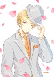 Rule 34 | 1boy, beard, blonde hair, closed mouth, facial hair, falling petals, fedora, formal, given, hand on headwear, hat, highres, light smile, looking at viewer, male focus, nakayama haruki, necktie, one eye closed, orange eyes, petals, short hair, simple background, solo, suit, umi8315, upper body, white background, white suit, yellow necktie