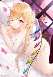 Rule 34 | 1girl, artist name, bare arms, bare legs, barefoot, blonde hair, blurry, blurry background, blurry foreground, blush, bra, collarbone, commentary request, crystal, curtains, depth of field, flandre scarlet, flower, full moon, haruki (colorful macaron), highres, indoors, long hair, looking at viewer, lying, moon, night, no headwear, on bed, one eye closed, one side up, open mouth, panties, petals, pillow, red eyes, red moon, rose, rose petals, side-tie panties, signature, smile, solo, thighs, touhou, twitter username, underwear, underwear only, white bra, white panties, window, wings