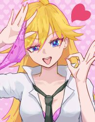 Rule 34 | 1girl, ahoge, arm up, black necktie, blonde hair, blue eyes, bra, clip studio paint (medium), close-up, collared shirt, ear piercing, earrings, eyes visible through hair, fellatio gesture, fingernails, hair between eyes, hand on own head, hand up, heart, heart background, highres, holding, holding clothes, holding panties, holding underwear, jewelry, long fingernails, long hair, looking at viewer, making-of available, nail polish, necktie, open clothes, open collar, open mouth, open shirt, panties, panty &amp; stocking with garterbelt, panty (psg), piercing, pink background, pink bra, pink nails, pink panties, portrait, ryoha kosako, shirt, short sleeves, solo, teeth, tongue, tongue out, underwear, uneven eyes, upper teeth only, white shirt