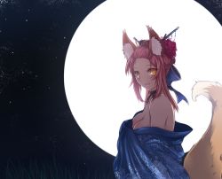 Rule 34 | 10s, 1girl, animal ears, blush, breasts, choker, cleavage, fate/extra, fate (series), flower, fox ears, fox tail, full moon, hair flower, hair ornament, japanese clothes, kimono, looking at viewer, moon, night, night sky, no bra, off shoulder, pink hair, sky, smile, solo, tail, tamamo no mae (fate/extra), tusia, undressing, yellow eyes