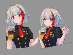 Rule 34 | 1girl, admiral graf spee (azur lane), admiral graf spee (girl&#039;s sunday) (azur lane), azur lane, black dress, blue eyes, breasts, buttons, double-breasted, dress, drinking, drinking straw, grey background, grey hair, looking at viewer, medium breasts, medium hair, multicolored hair, necktie, official alternate costume, red hair, red necktie, short necktie, short sleeves, simple background, solo, streaked hair, two-tone hair, upper body, waa! okami