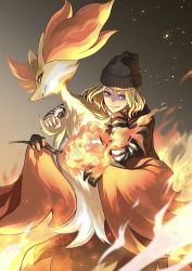 Rule 34 | 1boy, a&#039;he (the legend of luoxiaohei), animal ear fluff, beanie, black headwear, blonde hair, blue eyes, branch, creatures (company), crossover, delphox, fire, game freak, gen 6 pokemon, gradient background, hat, highres, looking at viewer, medium hair, nintendo, parted lips, pokemon, pokemon (creature), satomune s, smile, luo xiaohei zhanji