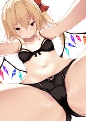 Rule 34 | 1girl, black bra, black panties, blonde hair, blush, bra, breasts, closed mouth, crystal, flandre scarlet, hair ribbon, highres, kashiwagi yamine, looking at viewer, navel, one side up, outstretched arms, panties, red eyes, red ribbon, ribbon, simple background, small breasts, solo, spread legs, touhou, underwear, underwear only, white background, wings