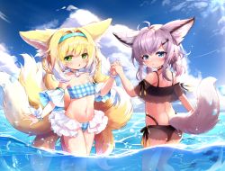 Rule 34 | 2girls, absurdres, ahoge, animal ear fluff, animal ears, arknights, ass, bikini, black bikini, blonde hair, blue bikini, blue choker, blue eyes, blue hairband, blue sky, blush, braid, breasts, chestnut mouth, choker, cloud, cloudy sky, collarbone, day, detached sleeves, extra ears, feet out of frame, fox ears, fox girl, fox tail, frilled bikini, frills, from behind, green eyes, hair between eyes, hair intakes, hair over shoulder, hairband, hehehzb, highres, holding hands, looking at viewer, looking back, medium hair, multicolored hair, multiple girls, multiple tails, navel, ocean, off-shoulder bikini, off shoulder, open mouth, outdoors, partially underwater shot, plaid, plaid bikini, purple hair, sidelocks, sky, small breasts, standing, sussurro (arknights), suzuran (arknights), swimsuit, tail, tail raised, thighhighs, twin braids, twintails, two-tone hair, wading, water, wet, white hair, wristband