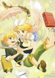 Rule 34 | 1boy, 1girl, absurdres, aircraft, airplane, aqua eyes, bag, blonde hair, brother and sister, dress, falling, hair ornament, hair ribbon, hairclip, hetero, highres, holding hands, interlocked fingers, junji, kagamine len, kagamine rin, necktie, open mouth, ribbon, rolling suitcase, short hair, shorts, siblings, skirt, smile, suitcase, toy, train, twins, umbrella, vocaloid