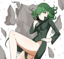 Rule 34 | 1girl, bare legs, blush, breasts, commentary request, curly hair, dress, closed eyes, floating, floating rock, green dress, green eyes, green hair, hand on own hip, holding, holding phone, long sleeves, looking up, medium breasts, no panties, one-punch man, phone, rock, sente, short hair, solo, tatsumaki