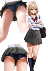 Rule 34 | 1girl, absurdres, arms under breasts, ass, bag, blonde hair, blue buruma, blue socks, blush, bow, bowtie, breasts, bright pupils, buruma, buruma under skirt, check commentary, collared shirt, colored skin, commentary request, cropped legs, crossed arms, dress, dress shirt, feet out of frame, from below, grey skin, hair between eyes, highres, kneehighs, kneepits, long hair, long sleeves, looking at viewer, medium breasts, mtu virus, multiple views, original, parted lips, pleated dress, purple eyes, school bag, school uniform, shirt, shirt tucked in, simple background, socks, standing, striped bow, striped bowtie, striped clothes, teeth, uniform, upskirt, white background, white pupils, white shirt, yukemuriganmo
