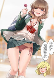 Rule 34 | 1girl, bag, blonde hair, blue bag, blue eyes, blush, bow, bowtie, bra visible through clothes, breasts, candy, carrying bag, cleavage, closed eyes, clothes lift, collared shirt, commentary request, earrings, food, green jacket, green skirt, highres, holding, holding candy, holding food, holding lollipop, idolmaster, idolmaster cinderella girls, jacket, jewelry, legs apart, lollipop, long hair, long sleeves, looking at viewer, medium breasts, miniskirt, mk (mod0), open clothes, open jacket, open mouth, panties, pink panties, pleated skirt, red bow, red bowtie, sakuma mayu, school bag, see-through, see-through shirt, shirt, side-tie panties, skirt, skirt lift, sleeves past wrists, socks, solo focus, speech bubble, standing, teeth, translation request, underwear, upper teeth only, white shirt, white socks, wind, wind lift