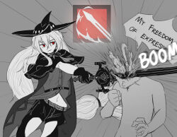 Rule 34 | 1girl, 1other, arknights, cape, clothing cutout, commentary request, cowboy shot, dokonjou (odossan), emphasis lines, greyscale, hat, holding, holding sword, holding weapon, leggings, limited palette, long hair, monochrome, navel, red eyes, shirt, skadi (arknights), speech bubble, sword, thigh cutout, upper body, very long hair, weapon