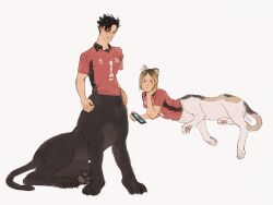 Rule 34 | 2boys, animal ears, black eyes, black hair, brown hair, calico, cat boy, cat ears, cat tail, centauroid, chengongzi123, claws, collared shirt, commentary, full body, grin, haikyuu!!, head rest, highres, kozume kenma, kuroo tetsurou, looking at viewer, lying, male focus, monster boy, monsterification, multicolored hair, multiple boys, on side, panther boy, panther ears, panther tail, phone, red shirt, shirt, short hair, short sleeves, simple background, sitting, smile, sportswear, symbol-only commentary, tail, taur, very short hair, volleyball uniform, white background
