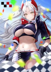 Rule 34 | 1girl, absurdres, antenna hair, azur lane, blush, breasts, closed mouth, confetti, headgear, highres, large breasts, long hair, looking at viewer, official alternate costume, prinz eugen (final lap) (azur lane), race queen, revealing clothes, sankyo (821-scoville), silver hair, smile, solo, sports bra, two side up, underboob, very long hair, yellow eyes