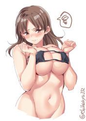 Rule 34 | 1girl, bare shoulders, bikini, blush, breast hold, breasts, brown eyes, brown hair, chiyoda (kancolle), cleavage, closed mouth, collarbone, commentary request, cropped torso, ebifurya, eyepatch bikini, groin, hair between eyes, highres, kantai collection, large breasts, looking at viewer, navel, one-hour drawing challenge, simple background, solo, swimsuit, twitter username, underwear, upper body, white background