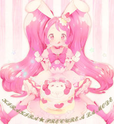 Rule 34 | 10s, 1girl, animal ears, boots, bow, cake, cake hat, choker, copyright name, cure whip, dress, earrings, food, food-themed hair ornament, fork, frills, fruit, gloves, hair ornament, hatsuga (oyayubi itai2), heart, holding, holding fork, holding knife, jewelry, kirakira precure a la mode, knife, licking lips, long hair, long twintails, pink bow, pink dress, pink eyes, pink footwear, pink hair, pom pom (clothes), pom pom earrings, precure, puffy sleeves, rabbit ears, sitting, solo, star (symbol), strawberry, striped, striped background, text focus, tongue, tongue out, twintails, usami ichika, very long hair, white gloves