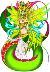 Rule 34 | 1girl, blue eyes, breasts, cleavage, green hair, highres, jewelry, lots of jewelry, monster girl, navel, quetzalcoatl (mythology), wings