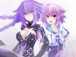 Rule 34 | 10s, 2girls, blue eyes, braid, breasts, cleavage, cleavage cutout, clothing cutout, dual persona, emblem, gloves, highres, hood, hooded track jacket, jacket, large breasts, leotard, long hair, looking at viewer, multiple girls, neptune (neptunia), neptune (series), open mouth, power symbol, power symbol-shaped pupils, purple eyes, purple hair, purple heart (neptunia), shishin (shishintei), short hair, smile, symbol-shaped pupils, track jacket, twin braids, very long hair