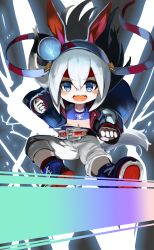 Rule 34 | 1girl, animal ears, blue eyes, blue footwear, blue jacket, boots, chibi, clenched hands, collarbone, crop top, dokomon, fang, floating hair, full body, hair between eyes, highres, horse ears, horse girl, horse tail, jacket, long hair, long sleeves, midriff, navel, open clothes, open jacket, open mouth, pants, puffy long sleeves, puffy sleeves, shoe soles, sleeves past wrists, solo, tail, tamamo cross (umamusume), umamusume, v-shaped eyebrows, very long hair, white hair, white pants, x navel