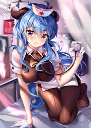 Rule 34 | 1girl, ahoge, arm support, artist name, blood, blood bag, blue hair, blurry, blurry background, blush, bodysuit, breasts, brown bodysuit, collared dress, commentary, curled horns, curtains, depth of field, dress, ganyu (genshin impact), genshin impact, gloves, hair between eyes, half gloves, hat, heart, highres, holding, horns, indoors, long hair, looking at viewer, medium breasts, no shoes, nurse, nurse cap, on bed, pantyhose, parted lips, red eyes, short sleeves, solo, squchan, stethoscope, very long hair, watermark, web address, white dress, white gloves, white hat