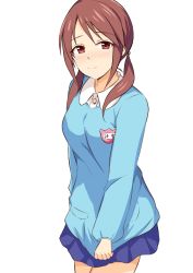 Rule 34 | 1girl, blue skirt, blue sweater, blush, breasts, brown hair, clothes tug, collared shirt, cowboy shot, hair ornament, highres, idolmaster, idolmaster cinderella girls, idolmaster cinderella girls starlight stage, kindergarten uniform, long hair, long sleeves, looking at viewer, low twintails, mifune miyu, miniskirt, name tag, nemo 1988, nose blush, red eyes, shirt, simple background, skirt, small breasts, solo, standing, sweater, sweater tug, twintails, white background, white shirt