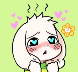 Rule 34 | 1boy, :&gt;, asriel dreemurr, bad id, bad pixiv id, blue eyes, blush, chibi, child, flower, flowey (undertale), furry, furry male, green background, gyate gyate, heart, heart-shaped pupils, holding ears, lowres, male focus, monster, monster boy, portrait, shirt, simple background, solo, striped clothes, striped shirt, symbol-shaped pupils, tears, triangle mouth, undertale, upper body, white hair, yaruky
