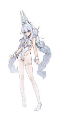 Rule 34 | 1girl, absurdres, azur lane, bags under eyes, blue eyes, braid, breasts, cameltoe, chinese commentary, closed mouth, commentary request, covered navel, female focus, full body, grey hair, high heels, highres, le malin (azur lane), le malin (listless lapin) (azur lane), leotard, long hair, low twin braids, nontraditional playboy bunny, official alternate costume, pantyhose, pigeon-toed, simple background, sketch, skindentation, small breasts, solo, standing, thigh strap, twin braids, very long hair, white background, white footwear, white leotard, white pantyhose, woshinizufu, wrist cuffs