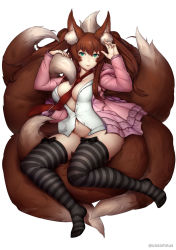 Rule 34 | 1girl, animal ear fluff, animal ears, between breasts, black bow, black thighhighs, blush, borrowed character, bottomless, bow, bow legwear, breasts, brown hair, buttons, cardigan, cleavage, dress shirt, fluffy, fox ears, fox girl, fox tail, full body, green eyes, large breasts, large tail, lips, long hair, long sleeves, looking at viewer, multiple tails, necktie, necktie between breasts, no bra, no panties, no shoes, open clothes, open shirt, original, parted lips, pink cardigan, plushmallow, red necktie, shirt, smile, solo, striped clothes, striped thighhighs, tail, thighhighs, twintails, unsomnus, white shirt