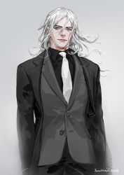 Rule 34 | 1boy, arms at sides, artist name, black jacket, black shirt, black vest, buttons, closed mouth, collared shirt, dated, elf, formal, gradient background, grey background, grey eyes, grey hair, highres, jacket, jane mere, lips, long hair, long sleeves, male focus, manly, necktie, open clothes, open jacket, original, partially unbuttoned, pointy ears, shirt, smile, solo, suit, upper body, vest, white necktie, wing collar