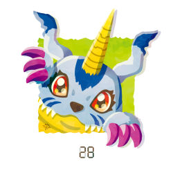 Rule 34 | digimon, digimon (creature), gabumon, horns, looking at viewer, no humans, numbered, red eyes, sharp teeth, single horn, solo, teeth, white background, yam retsu