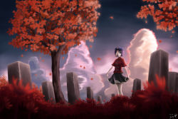 Rule 34 | 1girl, artist name, autumn, autumn leaves, black skirt, blue eyes, blue hat, blue sky, blurry, blurry background, chinese clothes, cloud, commentary, dated, english commentary, expressionless, flat cap, german commentary, graveyard, hat, highres, lilin (lilinkappasquad), looking at viewer, mixed-language commentary, ofuda, outdoors, pale skin, petticoat, purple hair, red shirt, shirt, short hair, skirt, sky, solo, standing, star (symbol), tombstone, touhou, tree, wide shot
