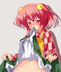 Rule 34 | 1girl, bell, blush, braid, clothes in mouth, clothes lift, content rating, female focus, groin, hair bell, hair ornament, motoori kosuzu, mouth hold, no panties, out-of-frame censoring, pink eyes, pink hair, skirt, skirt in mouth, skirt lift, solo, tears, touhou, twin braids, yakumo nanahara