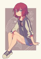 Rule 34 | 1girl, arm support, bad id, bad twitter id, brown eyes, expressionless, flower, full body, highres, idolmaster, idolmaster cinderella girls, jacket, koi, murakami tomoe, naname (fossama1), open clothes, open jacket, red hair, shoes, short hair, simple background, sitting, skirt, sleeves pushed up, sneakers, solo