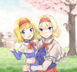 Rule 34 | 2girls, alice margatroid, bare tree, blonde hair, blouse, blue dress, blush, bow, bowtie, breasts, capelet, carrying, carrying person, cigarette, closed mouth, commentary request, cookie (touhou), dress, frilled capelet, frilled hairband, frills, grass, haiperion buzan, hairband, highres, hisui (cookie), large breasts, long sleeves, looking at viewer, multiple girls, neck ribbon, open mouth, outdoors, red bow, red bowtie, red hairband, red ribbon, reisen udongein inaba, ribbon, sakuranbou (cookie), shirt, short hair, smile, smoking, taisa (cookie), touhou, tree, upper body, white capelet, white shirt