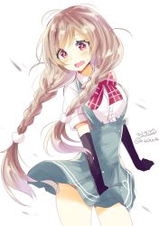 Rule 34 | 1girl, black gloves, blush, bow, bowtie, braid, breasts, cloud hair ornament, elbow gloves, gloves, gradient hair, hair between eyes, highres, hizaka, kantai collection, light brown hair, long hair, looking at viewer, medium breasts, minegumo (kancolle), multicolored hair, one-hour drawing challenge, open mouth, plaid, plaid bow, plaid bowtie, plaid neckwear, pleated skirt, red bow, red bowtie, red eyes, school uniform, shirt, short sleeves, simple background, skirt, solo, suspenders, twin braids, wavy mouth, white background, white shirt, wind, wind lift