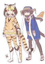 2girls :3 adapted_costume animal_ears animal_print blonde_hair blue_coat blue_eyes blue_hat blush boots bow brown_fur brown_hair brown_pantyhose brown_scarf clasp coat collared_shirt flag frilled_skirt frills full_body fur_hat fur_trim hair_bow hat highres hood hood_down hood_up jacket japari_symbol kemono_friends kishida_shiki long_sleeves looking_at_viewer mammoth_(kemono_friends) mittens multicolored_hair multiple_girls necktie orange_theme pantyhose plaid_clothes plaid_necktie plaid_skirt pleated_skirt print_jacket print_sheath print_thighhighs red_bow scarf shirt short_hair short_hair_with_long_locks sidelocks skirt smilodon_(kemono_friends) sword tail thighhighs tiger_ears tiger_girl tiger_print tiger_tail ushanka weapon white_footwear white_hair white_mittens white_shirt winter_clothes yellow_necktie yellow_skirt zettai_ryouiki