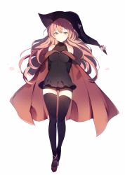 Rule 34 | 1girl, arms behind back, black dress, black thighhighs, breasts, cape, dress, hat, long hair, lpip, original, pink hair, short dress, simple background, smile, solo, thighhighs, white background, witch hat, zettai ryouiki