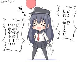 Rule 34 | &gt; &lt;, 1girl, akatsuki (kancolle), anchor symbol, bag, balloon, black pantyhose, black sailor collar, black skirt, chibi, closed eyes, commentary request, flat cap, full body, goma (yoku yatta hou jane), hair between eyes, hat, kantai collection, long hair, lost child, neckerchief, one-hour drawing challenge, pantyhose, pleated skirt, purple hair, red neckerchief, sailor collar, school uniform, serafuku, shopping bag, simple background, skirt, solo, standing, translation request, white background