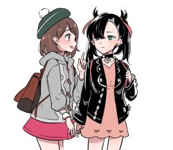 Rule 34 | 2girls, backpack, bag, black hair, black jacket, blush, bracelet, brown hair, cardigan, creatures (company), cropped legs, dress, expressionless, game freak, gloria (pokemon), green eyes, grey cardigan, hair ribbon, highres, holding hands, index finger raised, jacket, jewelry, kashikaze, looking at another, marnie (pokemon), multiple girls, nintendo, open mouth, pink dress, pokemon, pokemon swsh, ribbon, short dress, short hair, simple background, smile, twintails, white background