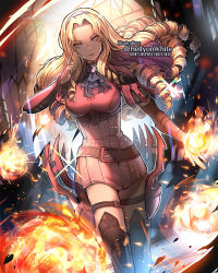 Rule 34 | 1girl, armor, belt, blonde hair, blue eyes, boobplate, breastplate, breasts, commission, constance von nuvelle, curly hair, dress, fire emblem, fire emblem: three houses, hairband, hellyon white, large breasts, leather armor, long hair, magic, neckerchief, nintendo, pink dress, short dress, solo, thighhighs, zettai ryouiki