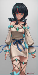 Rule 34 | 1girl, bare shoulders, black hair, blue eyes, blue ribbon, blush, breasts, collarbone, detached leggings, dress, fate/grand order, fate/requiem, fate (series), fundoshi, highres, japanese clothes, jewelry, large breasts, long sleeves, looking at viewer, magatama, magatama hair ornament, magatama necklace, medium hair, multicolored hair, necklace, pelvic curtain, pink hair, puffy long sleeves, puffy sleeves, ribbon, shinsaku (stan-art), short dress, sideboob, sideless outfit, sidelocks, smile, solo, streaked hair, thighs, utsumi erice, white dress