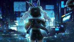 Rule 34 | 1girl, absurdres, animal ears, animal hood, ass, black gloves, black jacket, black shorts, bronya zaychik, bronya zaychik (haxxor bunny), building, caisena, commentary request, drill hair, facing away, fake animal ears, fur-trimmed jacket, fur trim, gloves, grey hair, highres, holographic interface, honkai (series), honkai impact 3rd, hood, hood up, jacket, long sleeves, night, outdoors, short shorts, shorts, solo, twin drills, twintails